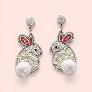 Lily Posh Beaded Bunny Rabbit Earrings Pearl Pom Pom Easter Spring- NWT